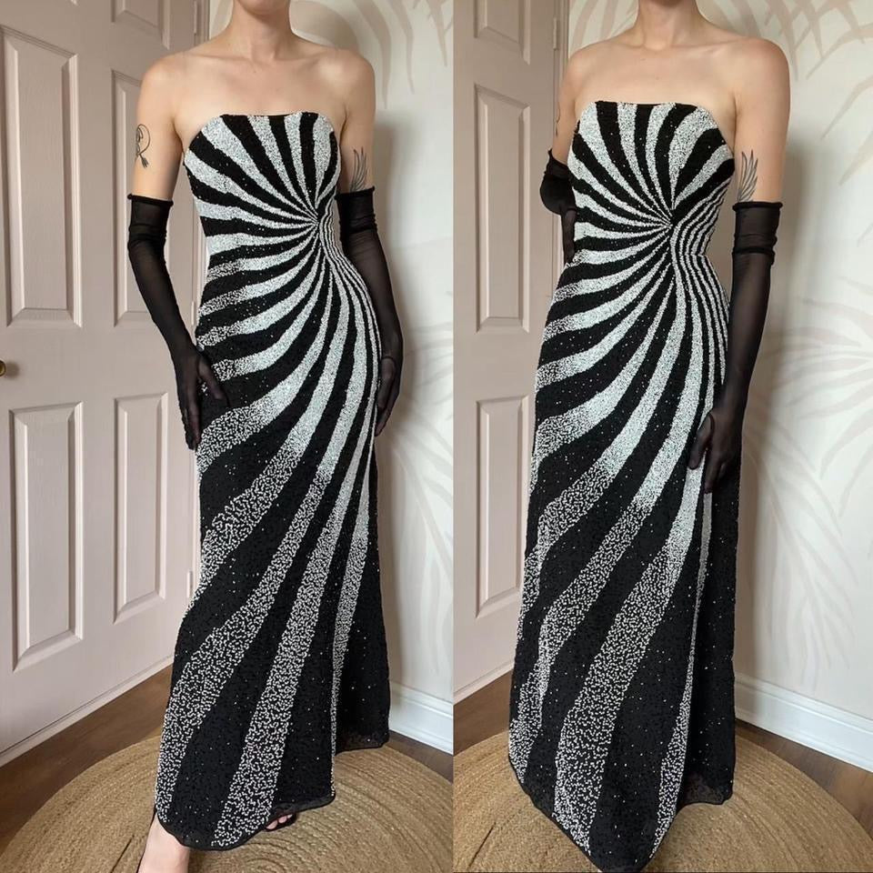 Strapless beaded black & white evening dress UK 14