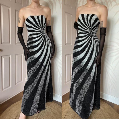 Strapless beaded black & white evening dress UK 14