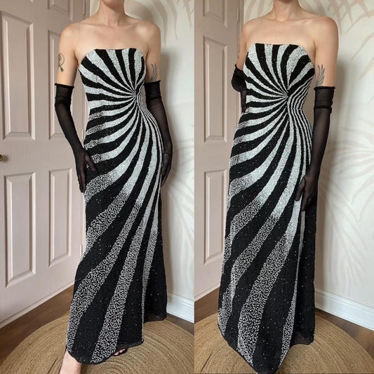 Strapless beaded black & white evening dress UK 14