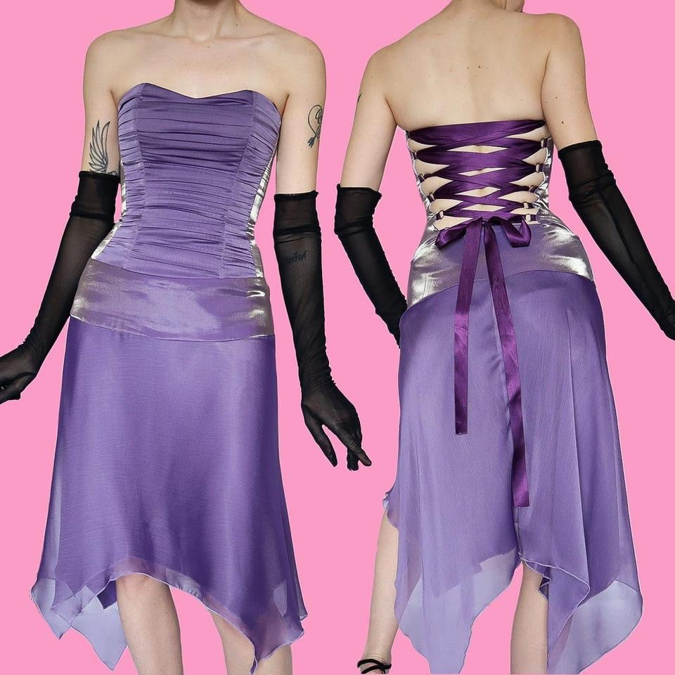 Purple strapless lace up back midi dress UK 8