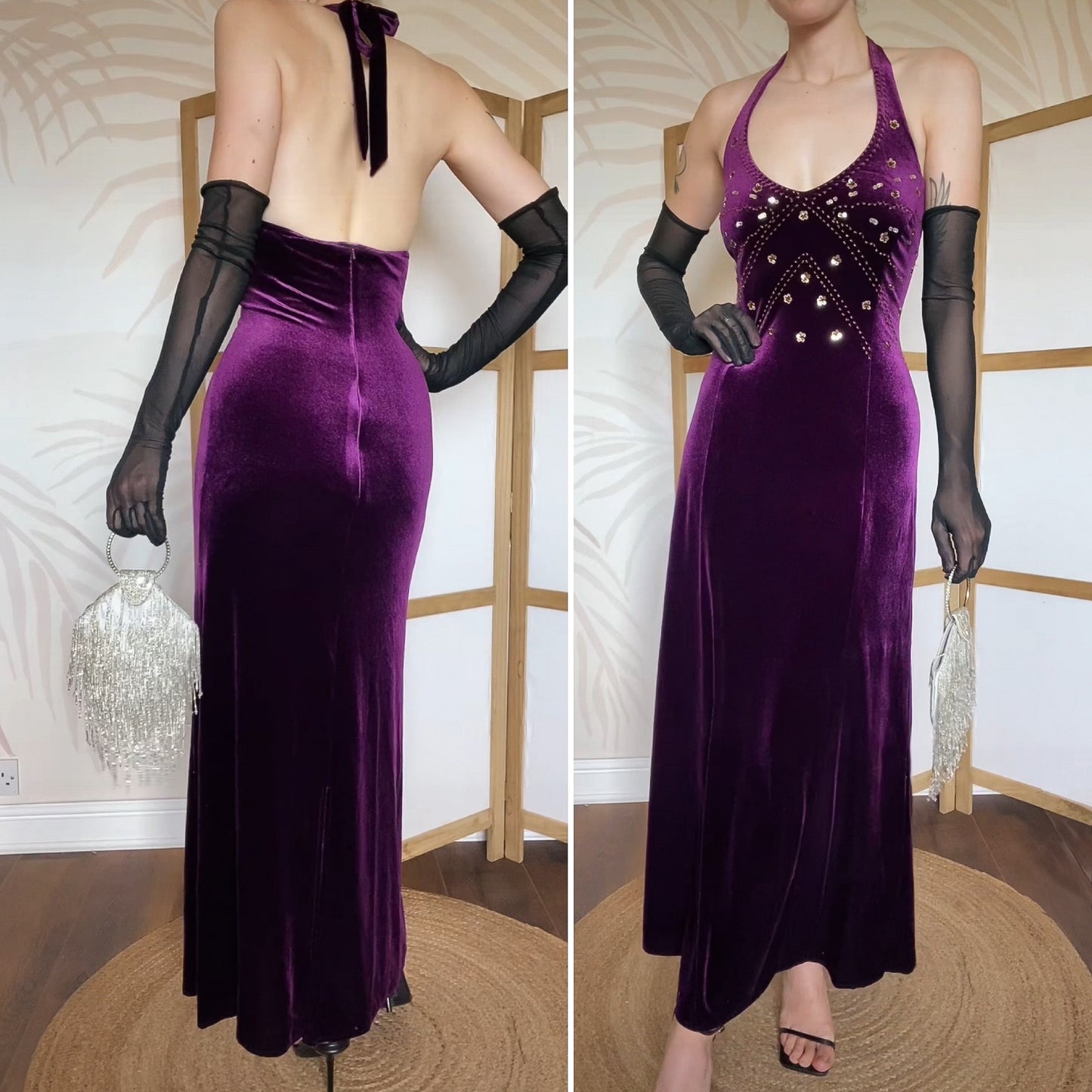 Dark purple velvet halterneck evening dress uk 12