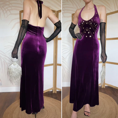 Dark purple velvet halterneck evening dress uk 12