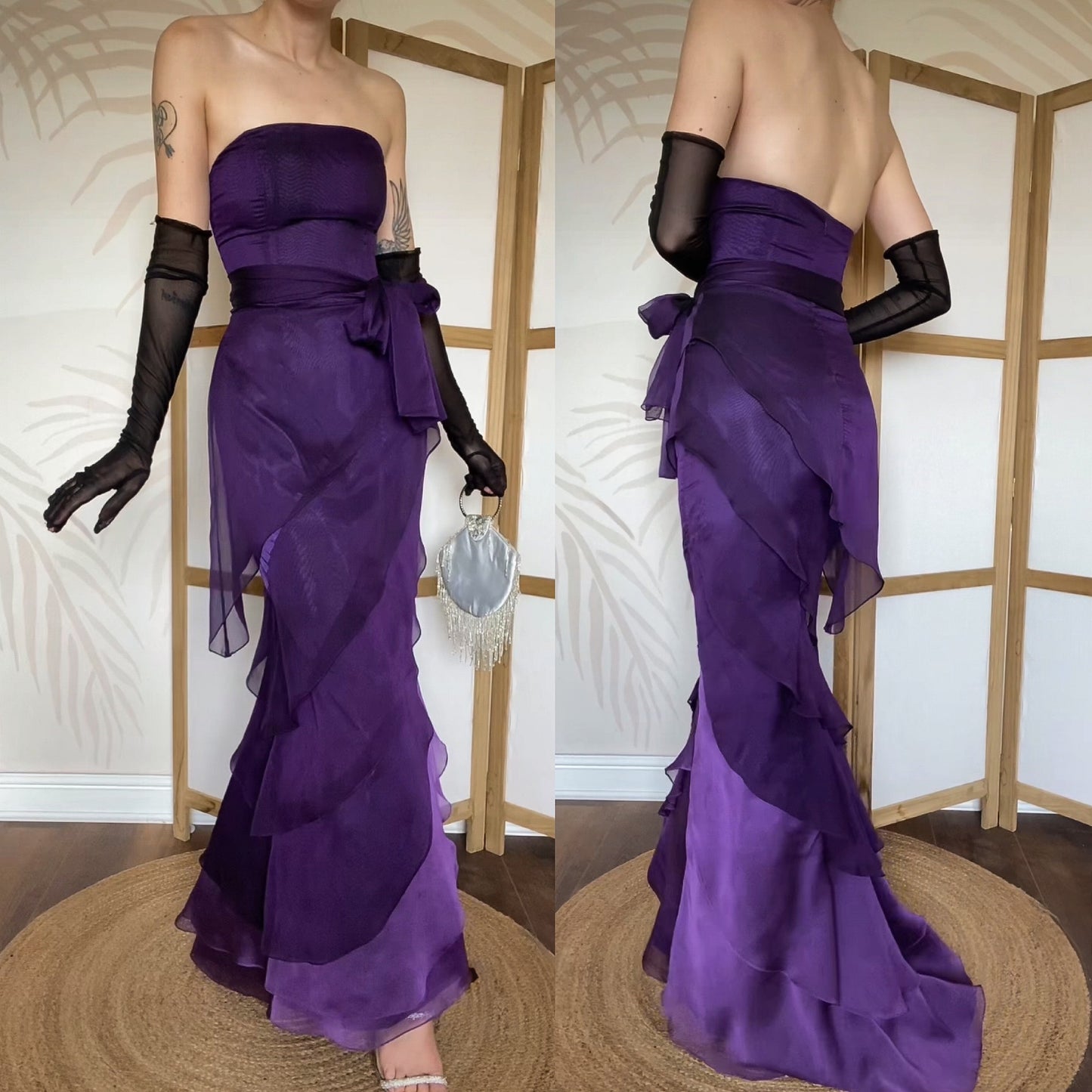 Niki Livas purple strapless layered evening dress uk 12
