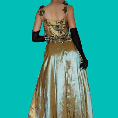 Golden tan 2 piece floral evening set UK 12