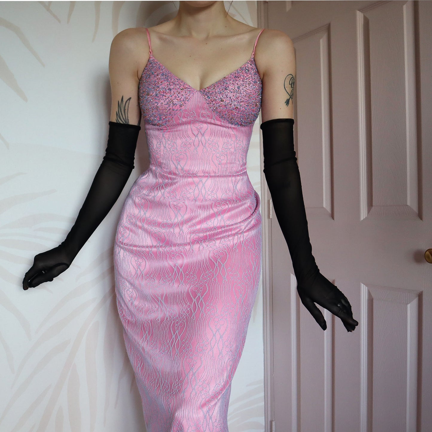 After Six pink lace fitted evening dress UK 12
