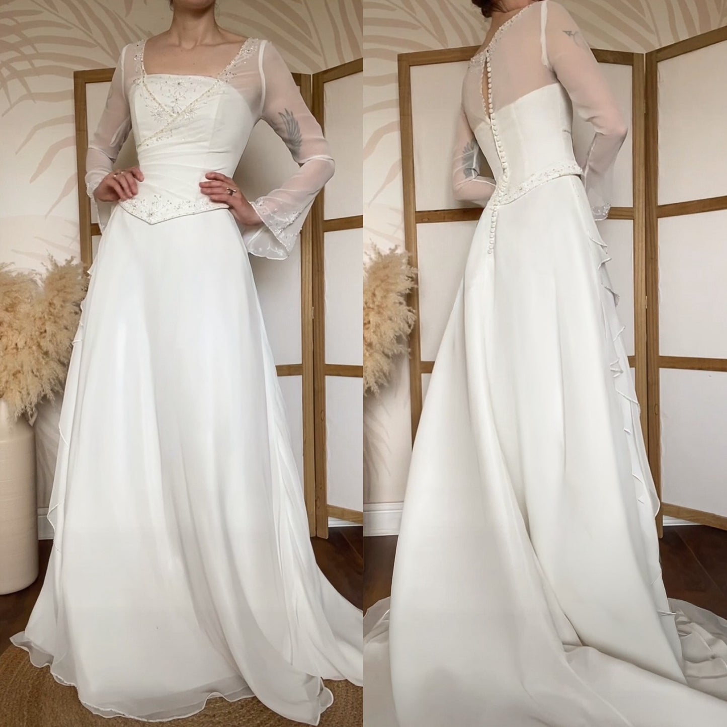 Ivory chiffon long sleeve wedding dress uk 10