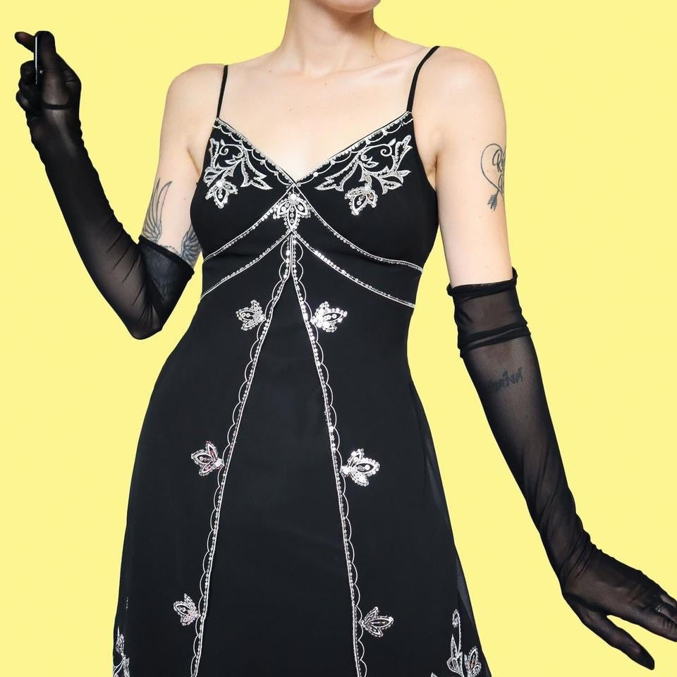 Black chiffon embroidered midi dress UK 10-12