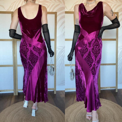 Silk blend dark pink velvet & satin slip dress UK 12-14