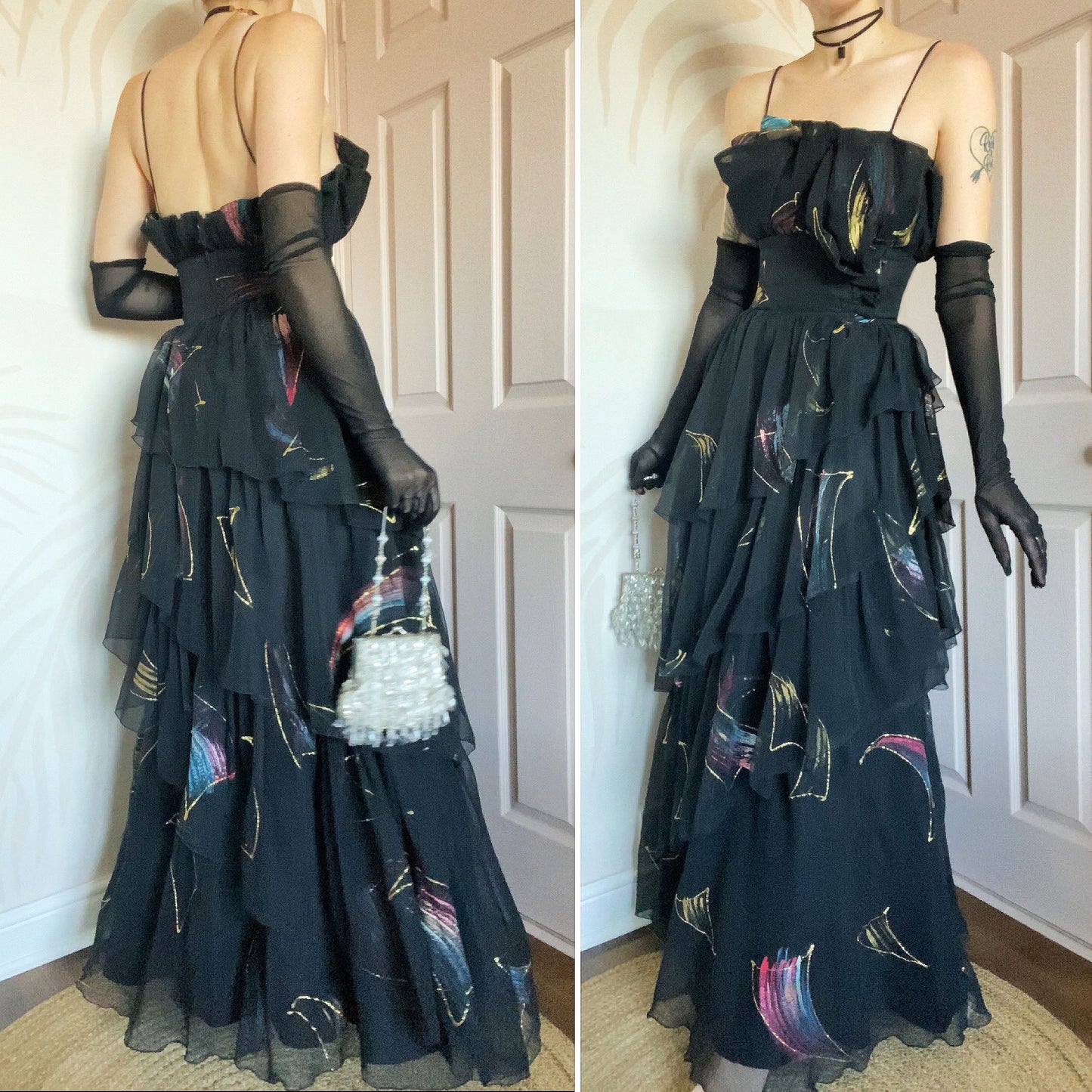 John Charles vintage black layered evening gown UK 12