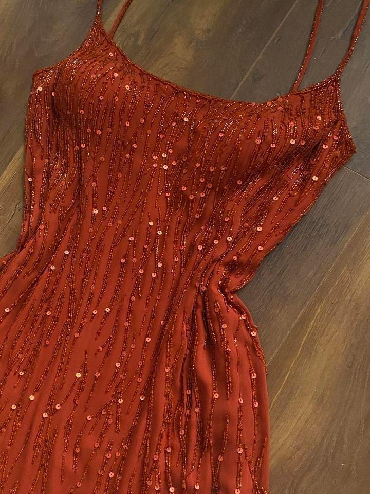 Burnt orange 100% silk beaded/sequin evening dress uk 12-14