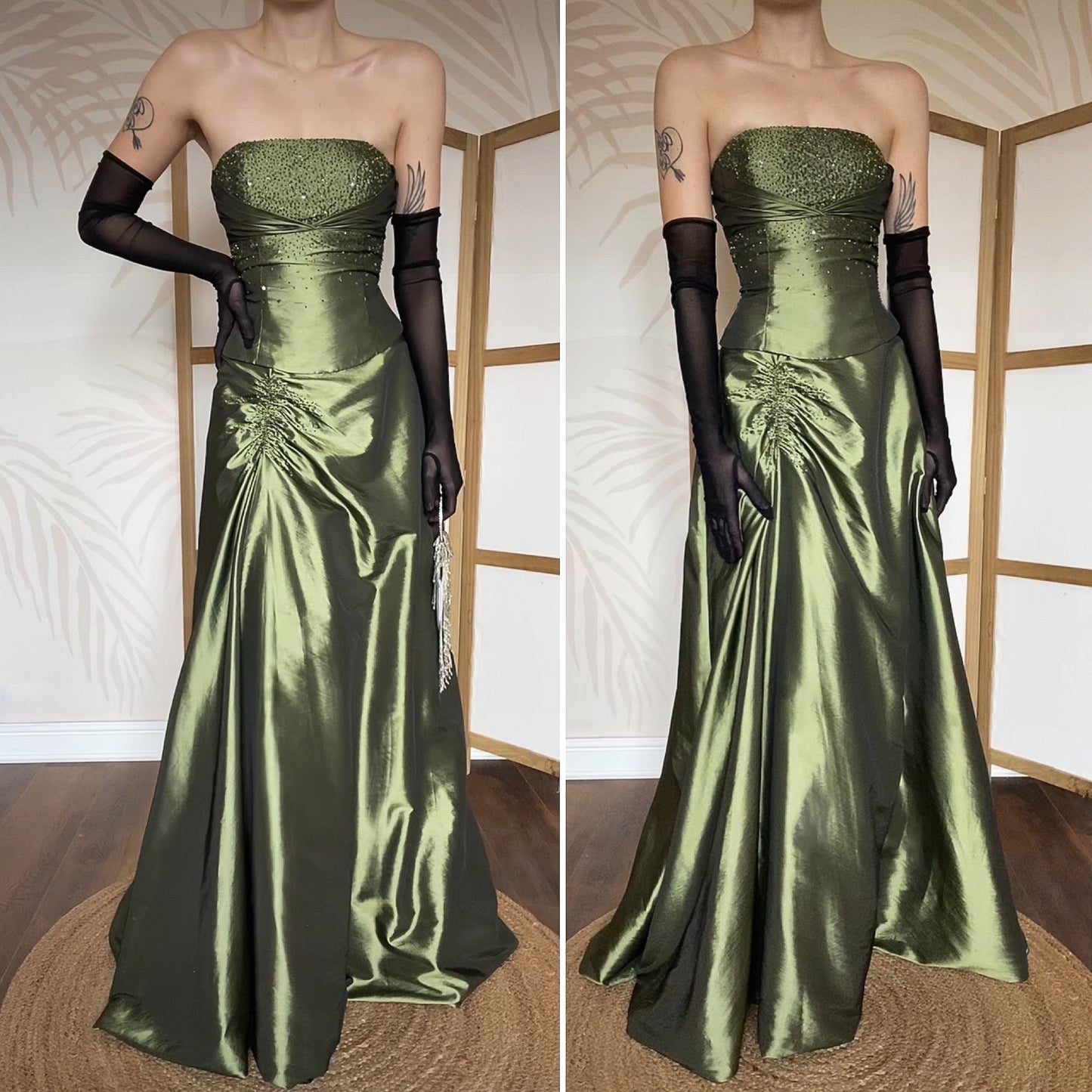 Green beaded Niki Livas strapless prom dress UK 12