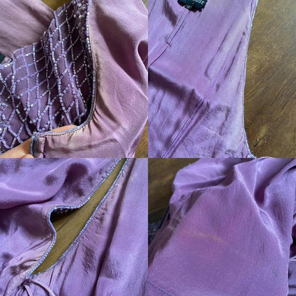Purple 100% silk beaded evening dress uk 10-12
