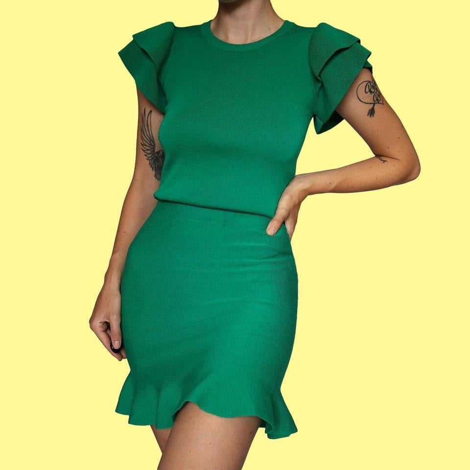 Green knit 2 piece top & skirt set UK S
