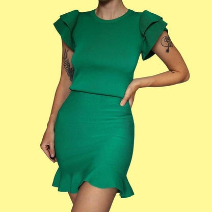 Green knit 2 piece top & skirt set UK S