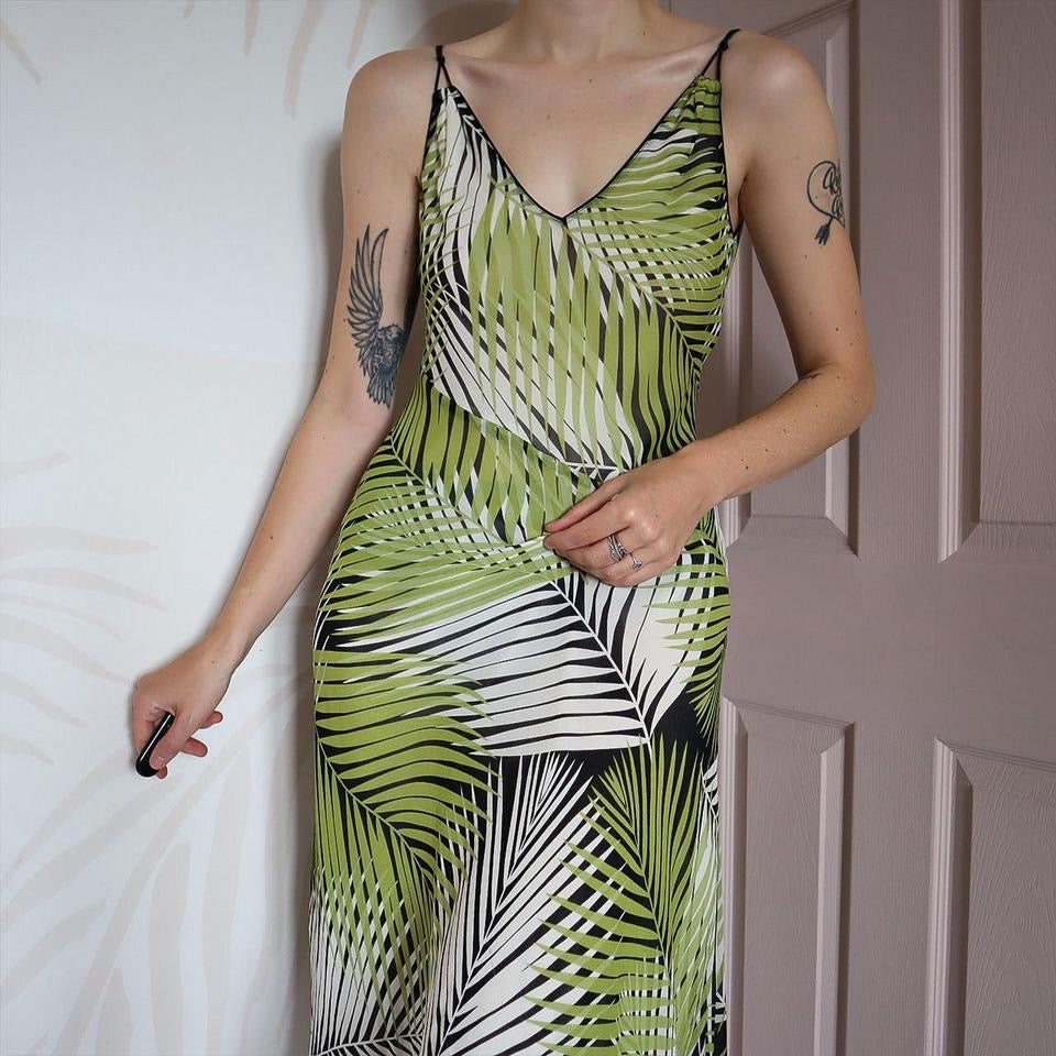 Green Planet 100% silk leaf print midi dress UK 12