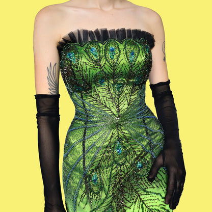 Electric green strapless heavily beaded evening dress UK 14-16