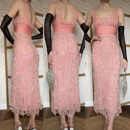 Peach silk beaded midi evening dress UK 10