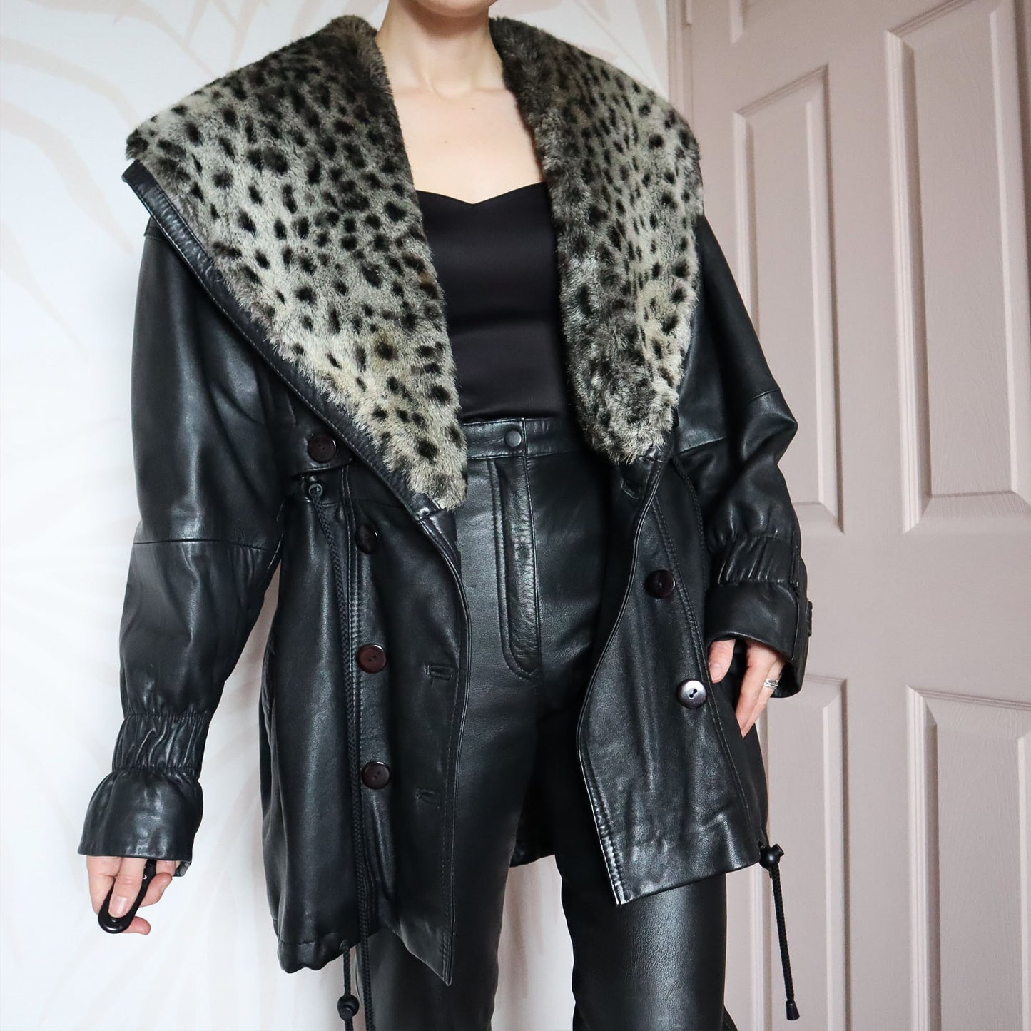 Black real leather faux fur coat UK 12