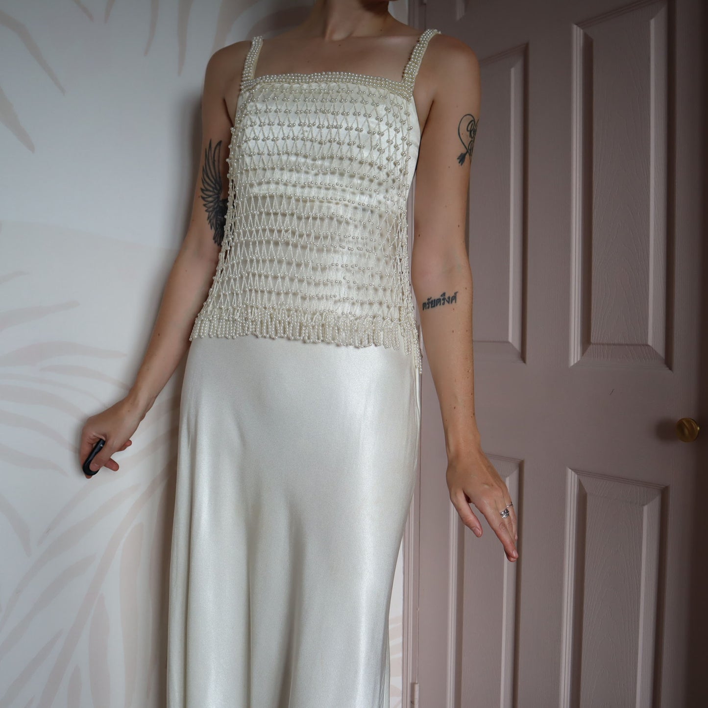 White silky wedding dress with pearl mesh overlay UK 8