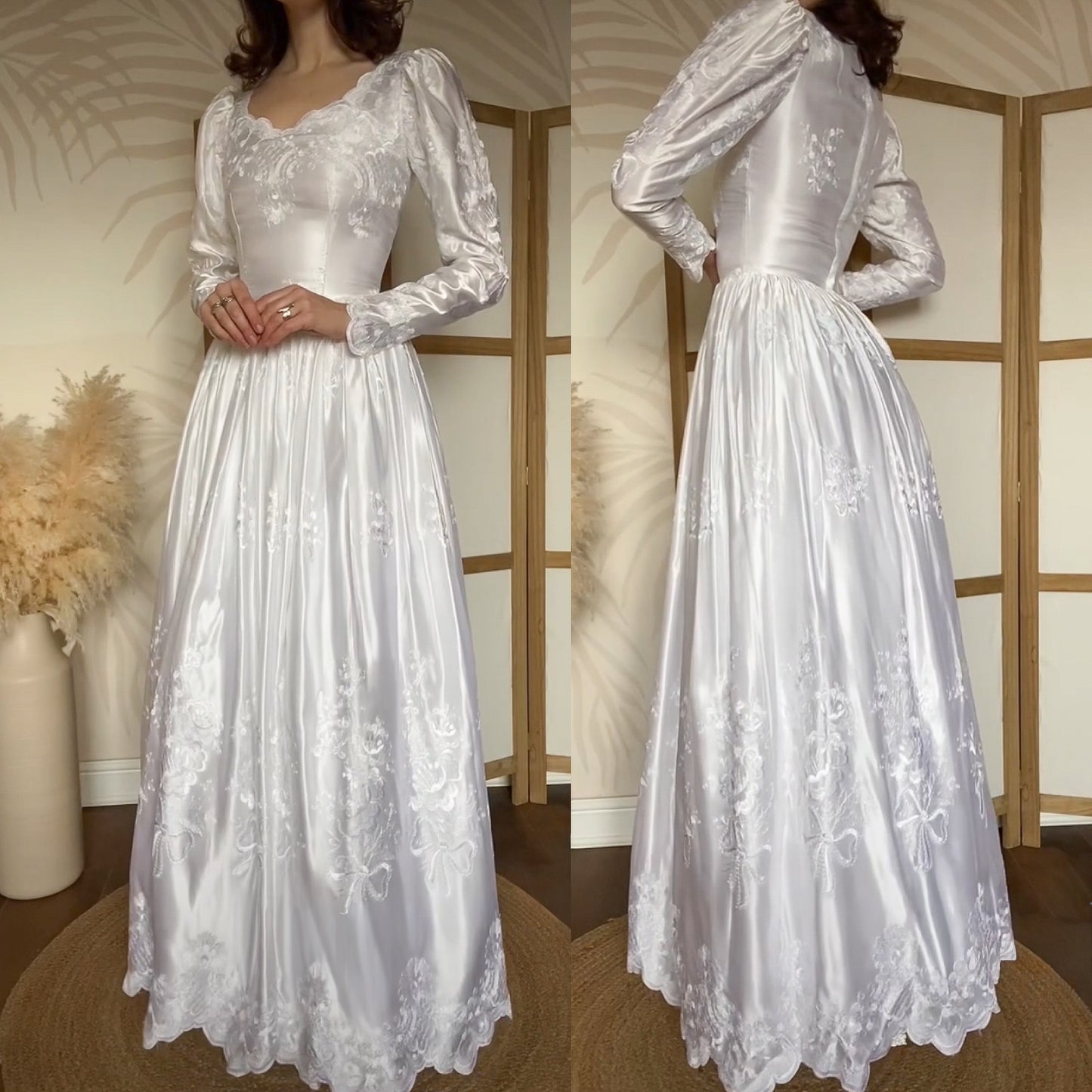 Bright white satin embroidered long sleeve wedding dress uk 8