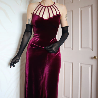 Gina Bacconi burgundy velvet stretch evening gown UK 14