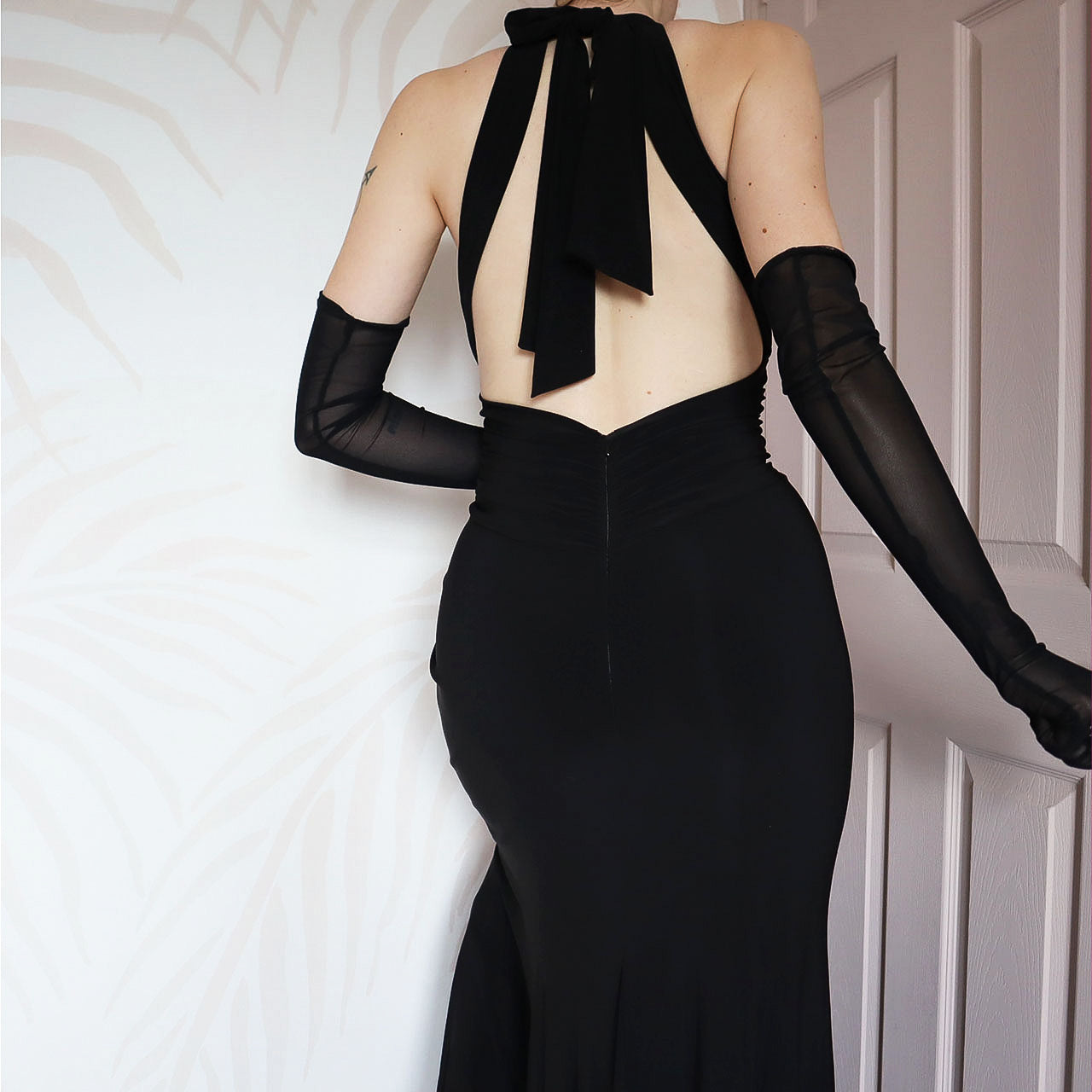 Black stretch open back evening gown UK 14
