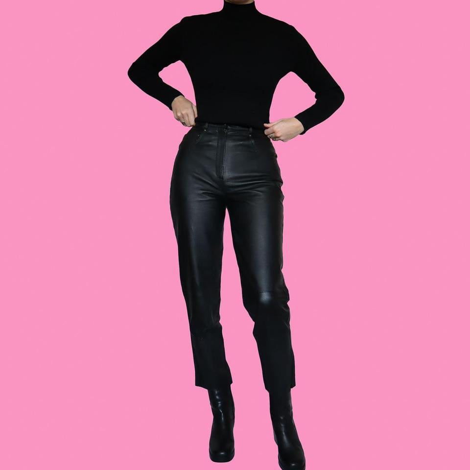 Black real leather trousers UK 8
