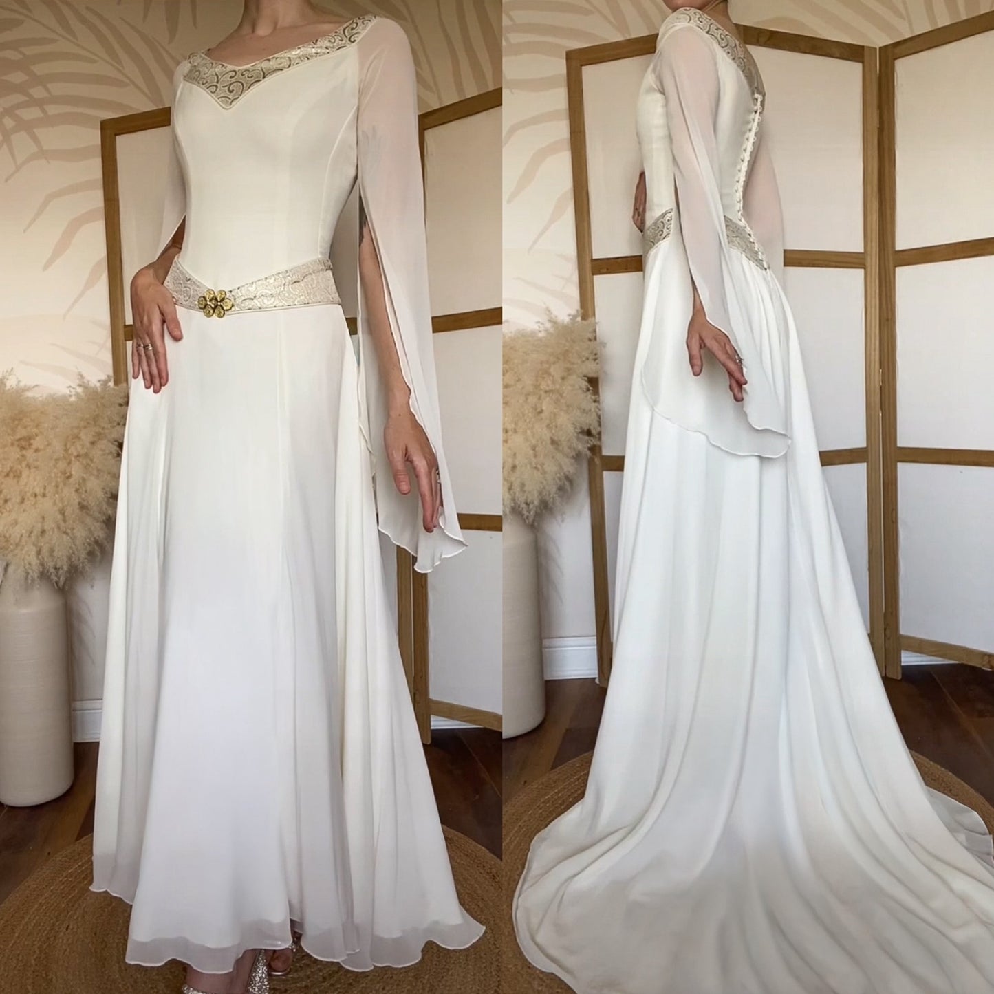Ivory long sleeve medieval inspired wedding dress uk 10