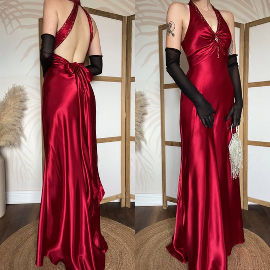 Niki Livas red satin beaded evening gown uk 10