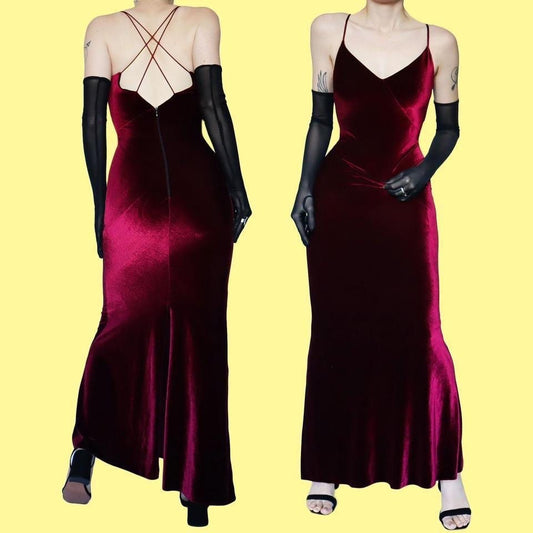 Dark red velvet stretch evening dress UK 12