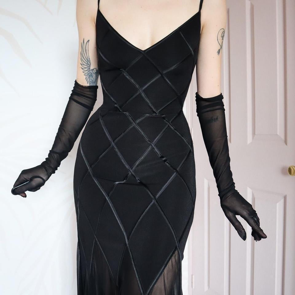 Bernshaw black stretch sheer trail evening dress UK 12