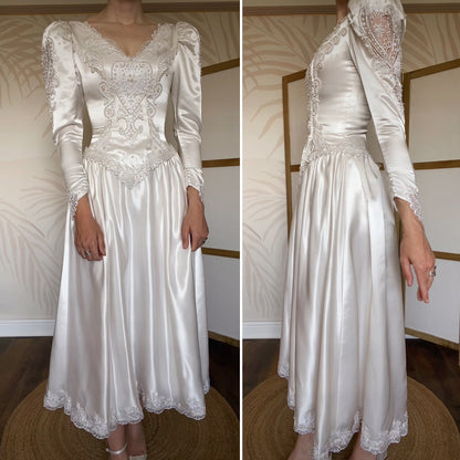 Ivory 80s satin long sleeve midi dress uk 8