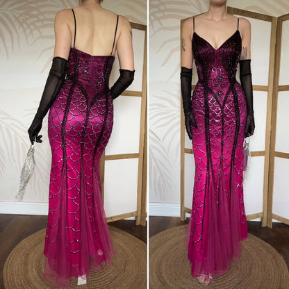 Pink 100% silk bead & sequin mermaid evening dress uk 10