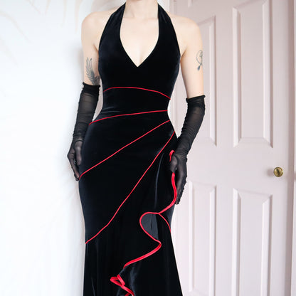 Vintage Niki Livas black velvet halter neck gown UK 12 & 14