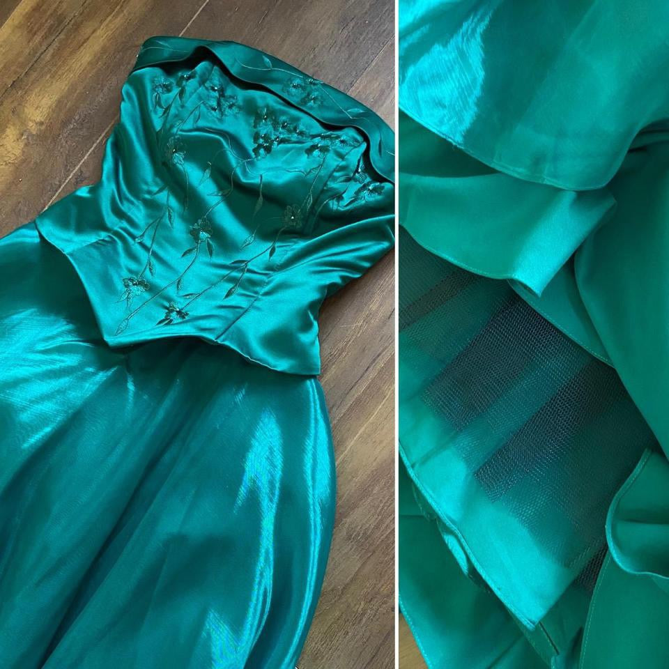 Forest green strapless organza prom dress uk 8