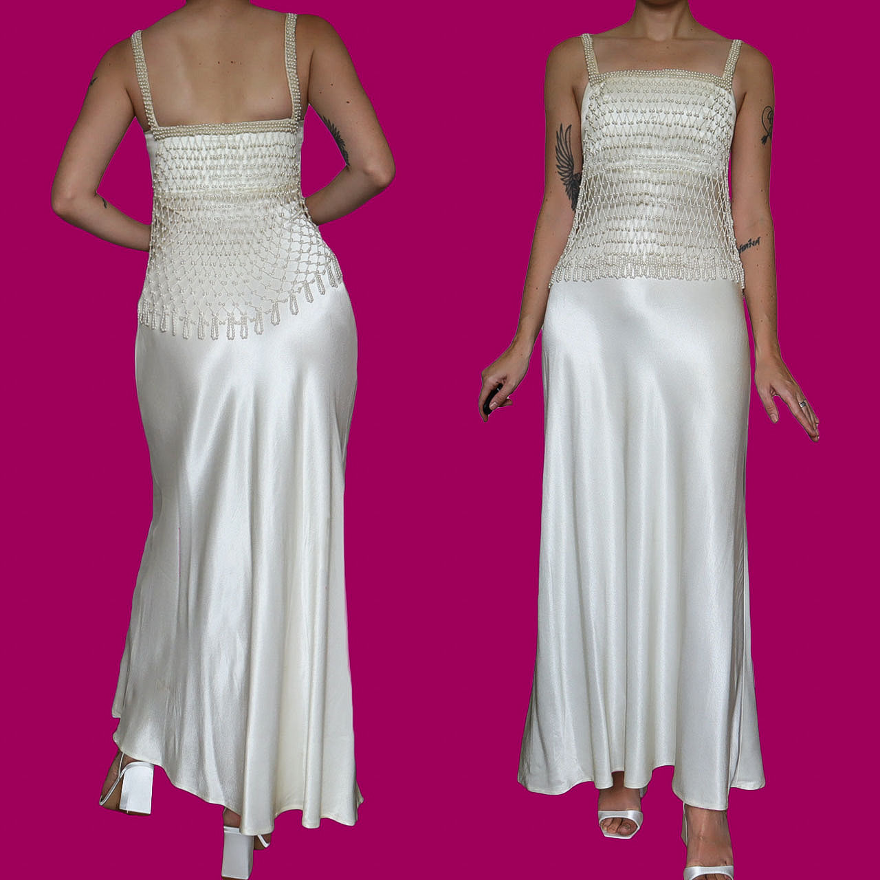 White silky wedding dress with pearl mesh overlay UK 8