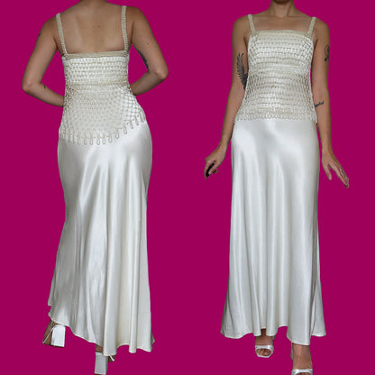 White silky wedding dress with pearl mesh overlay UK 8