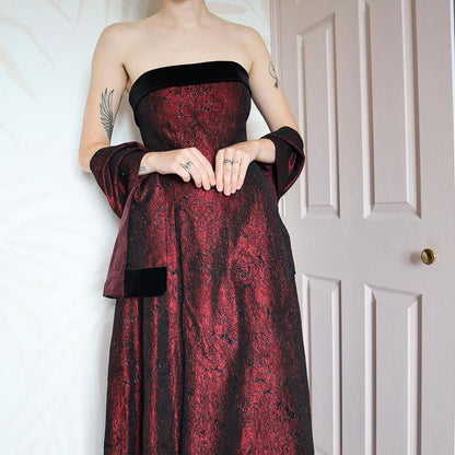 Glittery red Mosaic strapless evening gown & shawl UK 14