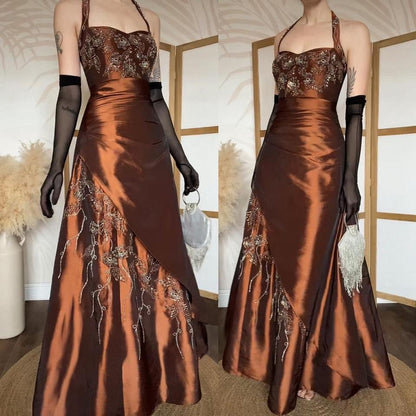 Warm brown halterneck a line beaded prom dress uk 8-10