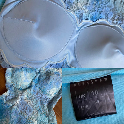 Bernshaw blue lace sheer stretch evening dress UK 10-12