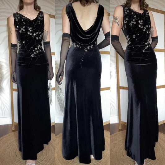 Black Christine Elizabeth velvet beaded evening dress uk 8