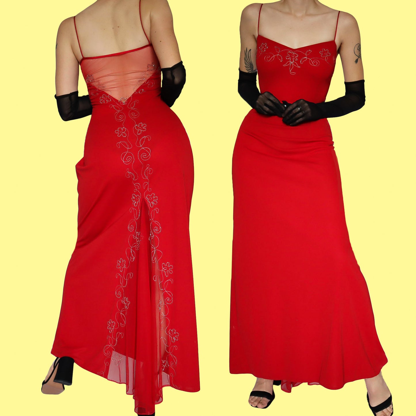 Red stretch embroidered evening dress UK 14-16