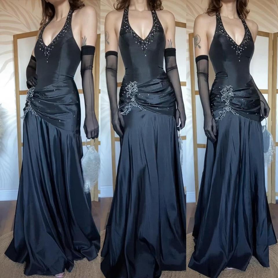 Black Jora halter-neck fit & flare prom dress uk 12