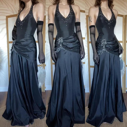 Black Jora halter-neck fit & flare prom dress uk 12