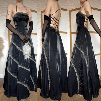 Black beaded lace back a-line prom dress uk 10