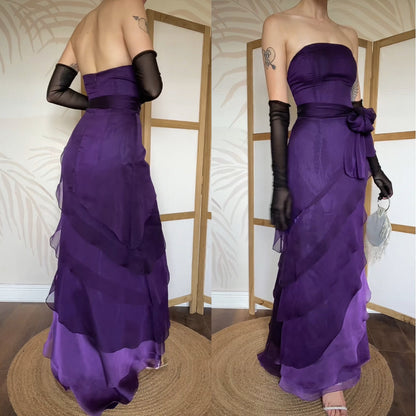 Niki Livas purple strapless layered evening dress uk 12