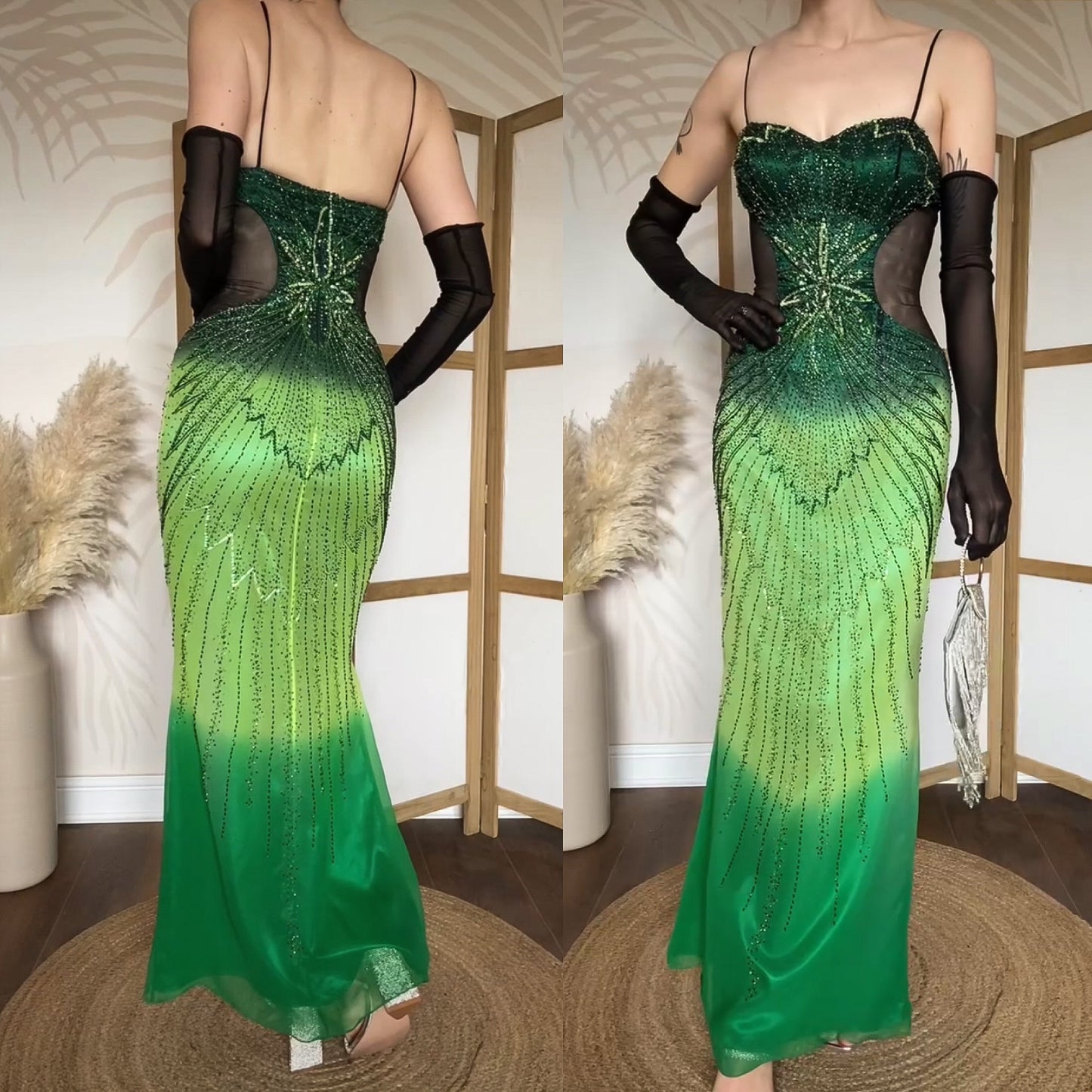 Green pure silk beaded prom dress uk 10