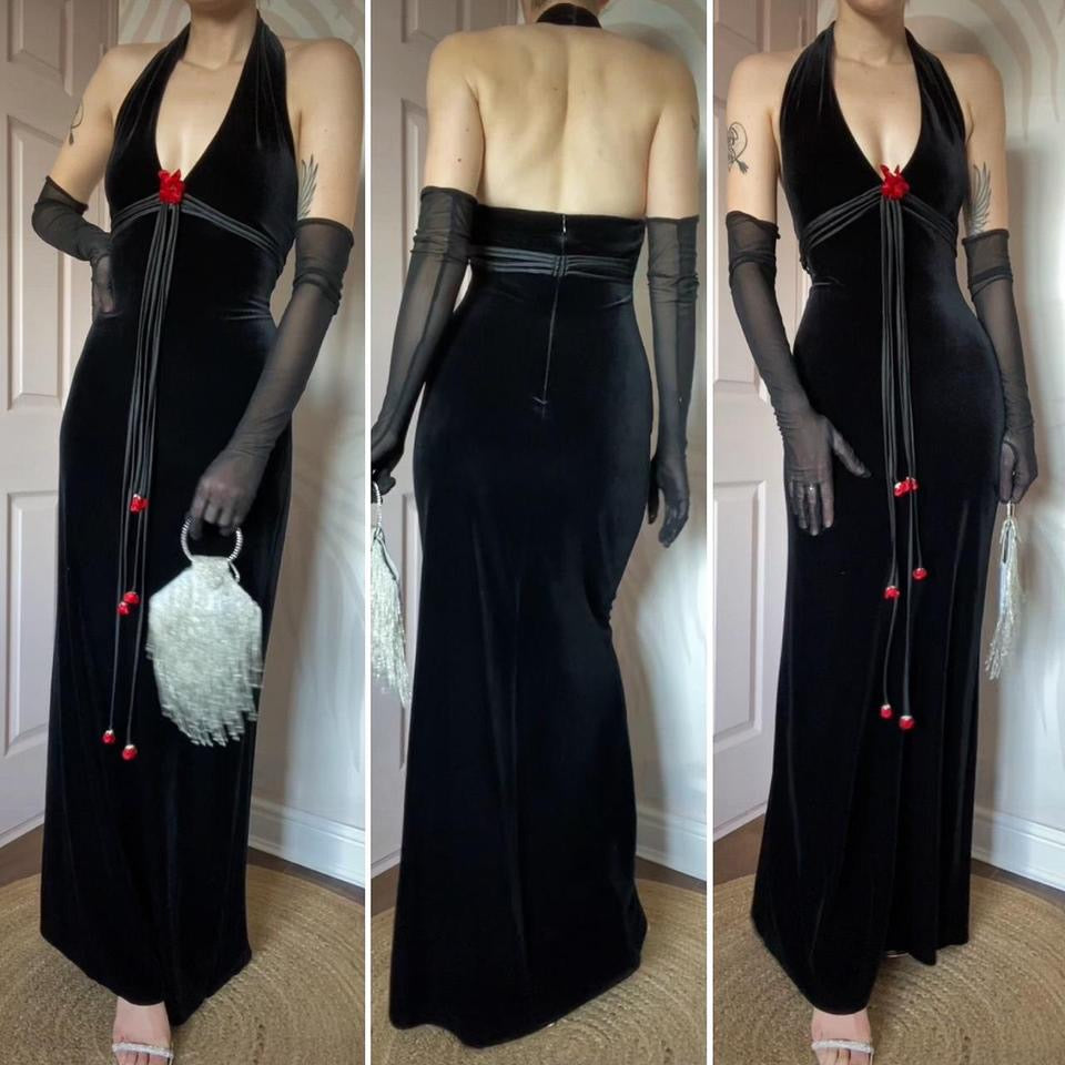 Betsy & Adam black velvet halter-neck evening dress UK 12