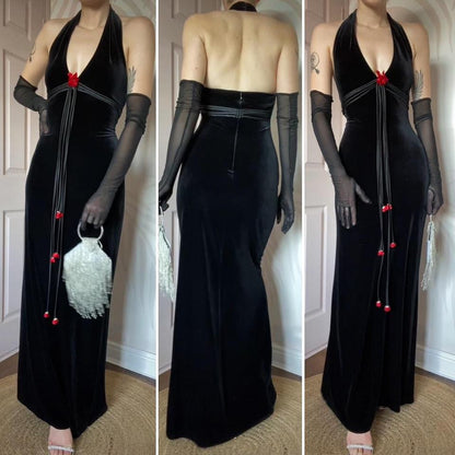Betsy & Adam black velvet halter-neck evening dress UK 12