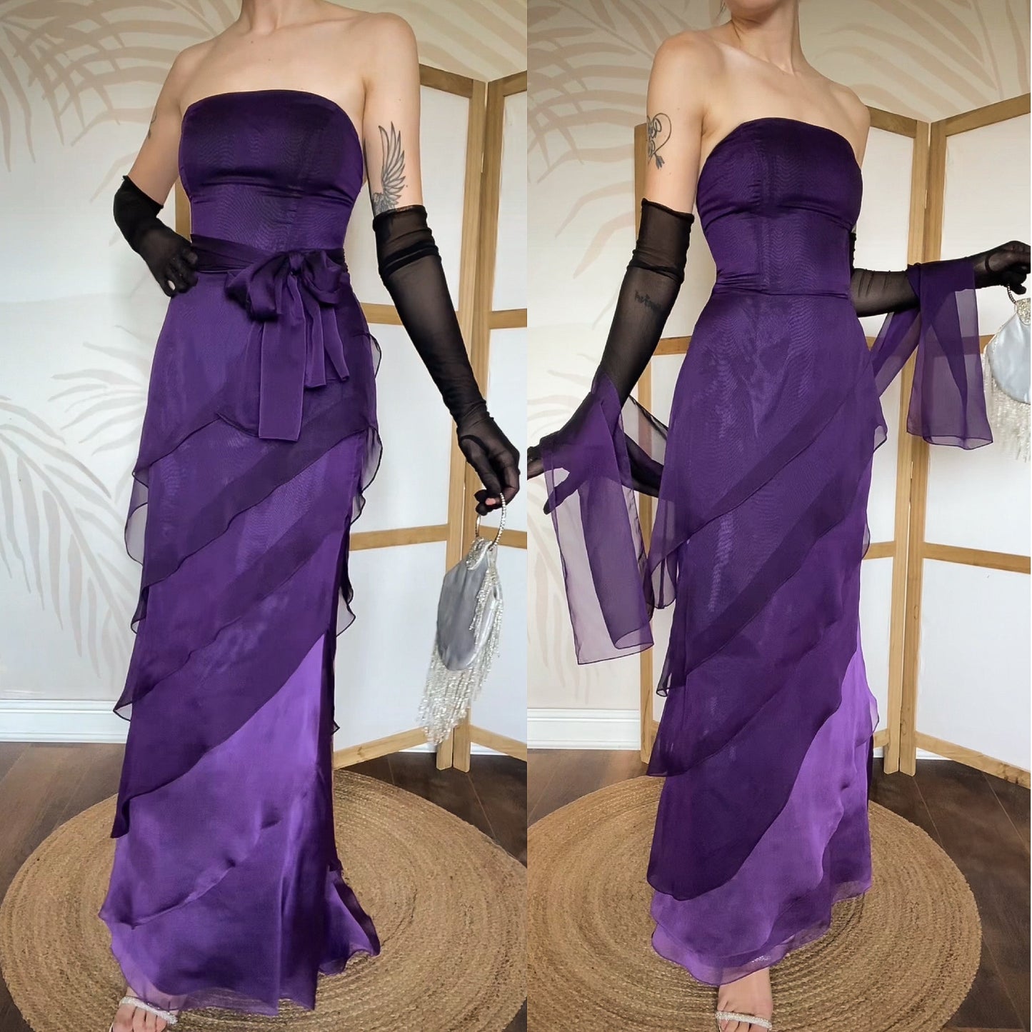 Niki Livas purple strapless layered evening dress uk 12